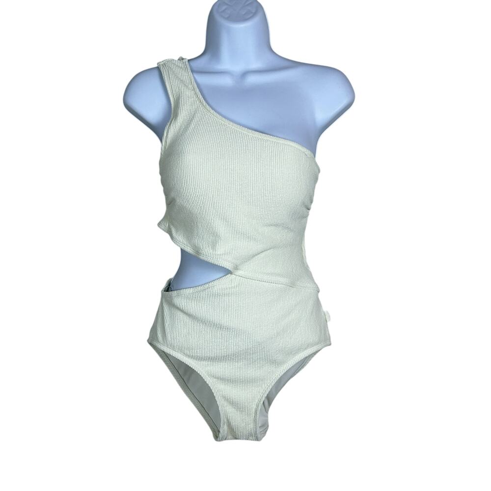 Michael MK Textured One Shoulder Cutout One Piece Swimsuit Cream Women 12 NWT - Picture 2 of 9